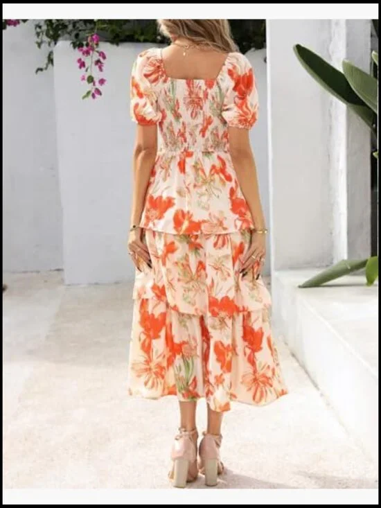 Square Neck Smocked Dress Puff Short Sleeve Floral Maxi Wedding Guest - Picture 3 of 7